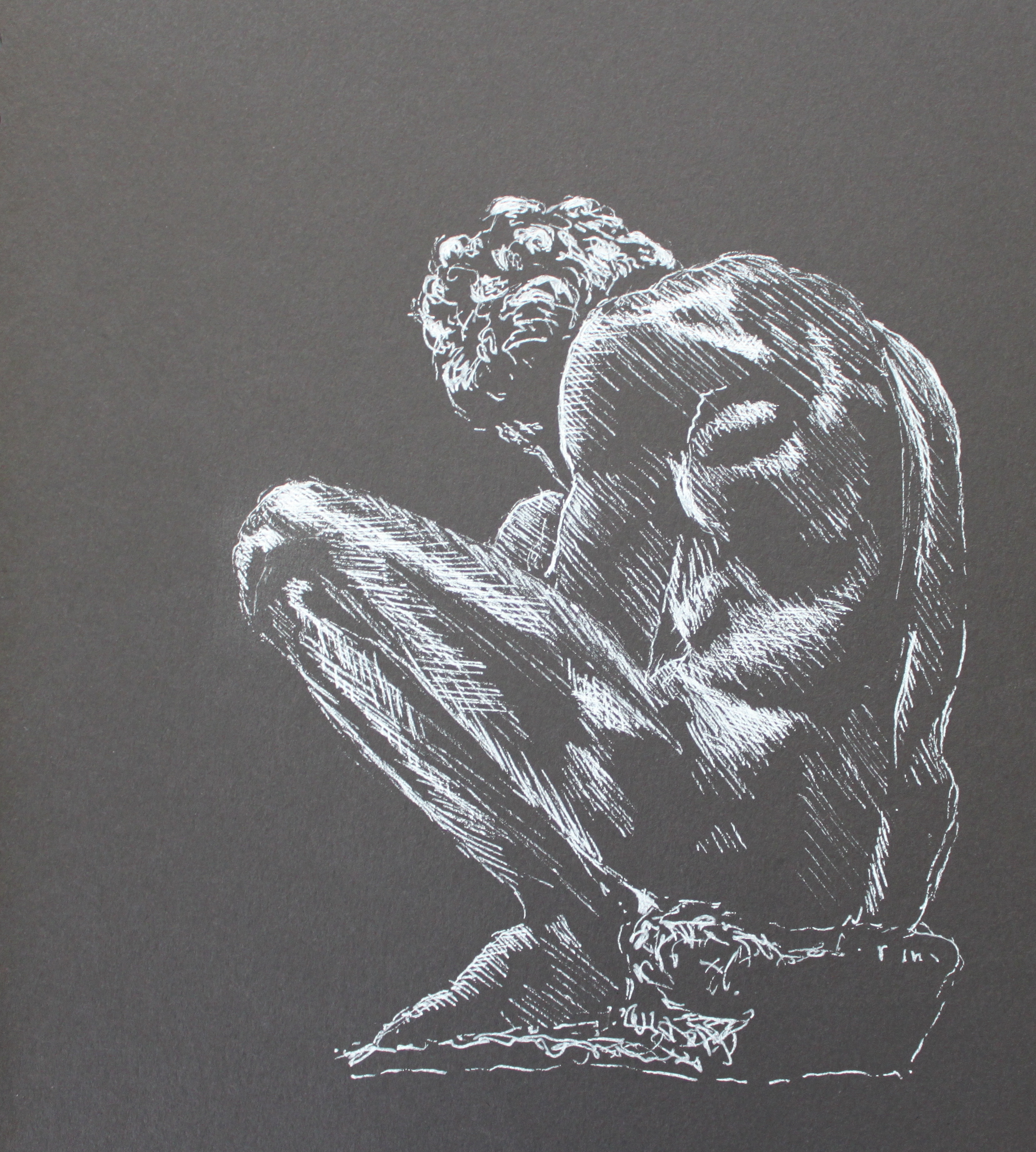 Crouching boy white gel pen
